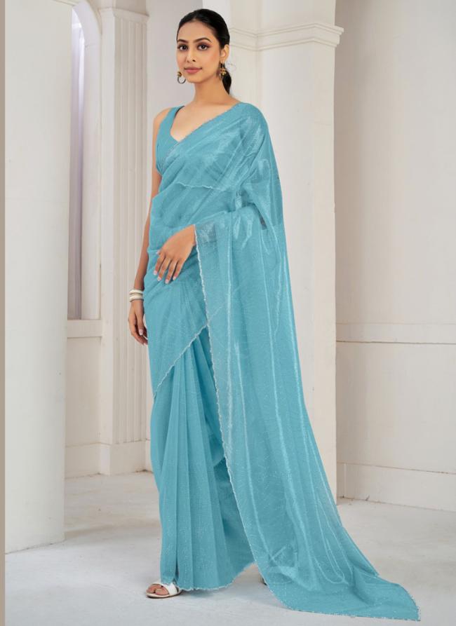 Soft Organza Ocean Blue Casual Wear Hand Work Saree